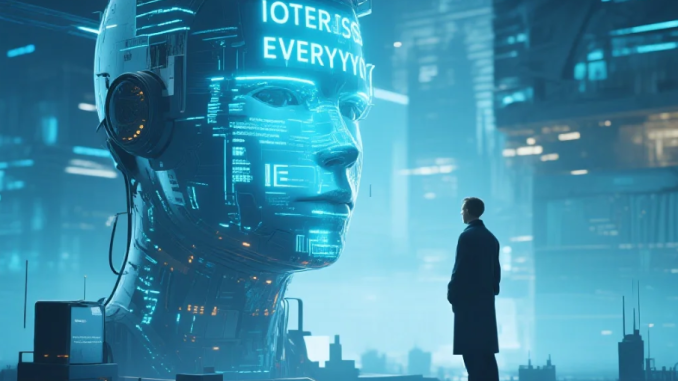 Ilustrasi jaringan perangkat digital yang saling terhubung dalam ekosistem pintar