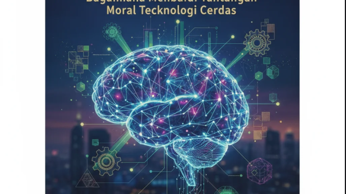 Robot dan manusia berjabat tangan di depan latar digital, melambangkan keseimbangan antara teknologi dan etika.