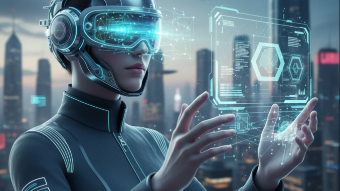 Ilustrasi Brain-Computer Interface yang menghubungkan otak manusia dengan jaringan digital futuristik.