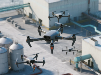 Ilustrasi formasi drone swarm yang terbang dalam pola terkoordinasi