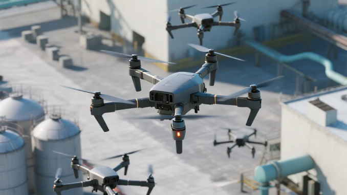 Ilustrasi formasi drone swarm yang terbang dalam pola terkoordinasi