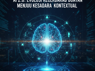 Wajah manusia dan AI saling berhadapan dengan aliran data berwarna biru dan oranye yang berpadu di tengah, melambangkan kesadaran kontekstual.