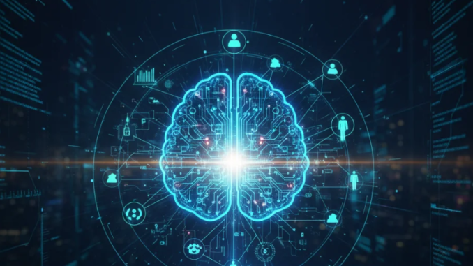 Wajah manusia dan AI saling berhadapan dengan aliran data berwarna biru dan oranye yang berpadu di tengah, melambangkan kesadaran kontekstual.