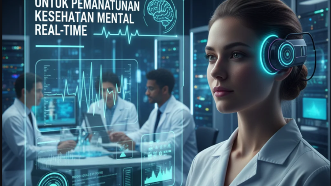 Ilustrasi monitoring kesehatan mental real-time dengan wearable dan AI.”
