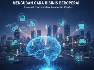 Jaringan kecerdasan buatan kolaboratif dengan banyak agen digital yang bekerja bersama dalam ekosistem bisnis futuristik.