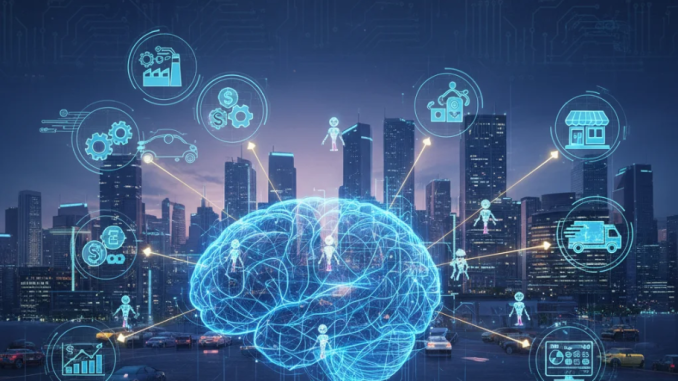 Jaringan kecerdasan buatan kolaboratif dengan banyak agen digital yang bekerja bersama dalam ekosistem bisnis futuristik.