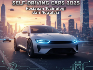 Mobil otonom melaju di jalan kota futuristik dengan cahaya biru dan koneksi digital antar kendaraan.