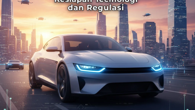 Mobil otonom melaju di jalan kota futuristik dengan cahaya biru dan koneksi digital antar kendaraan.