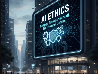 Ilustrasi robot transparan dengan jaringan data dan simbol keadilan di dalamnya.