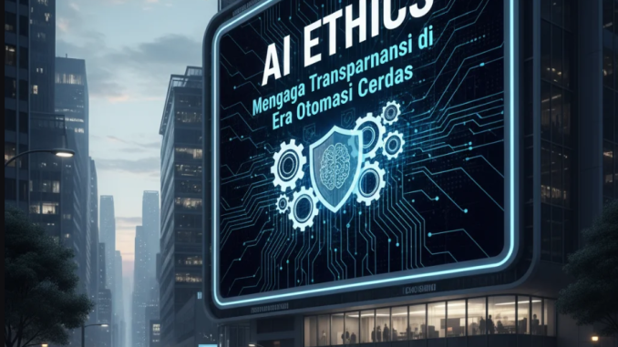 Ilustrasi robot transparan dengan jaringan data dan simbol keadilan di dalamnya.