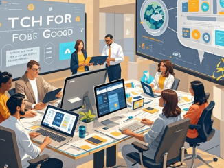 Ilustrasi teknologi digital membantu komunitas: aplikasi kesehatan, pendidikan online, dan peta bantuan bencana dalam satu visual