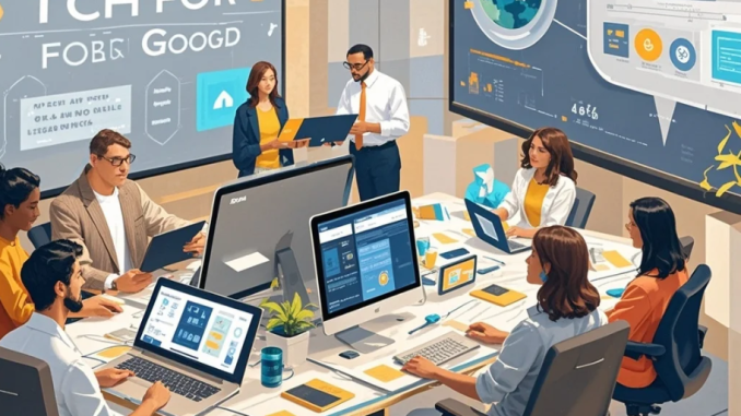 Ilustrasi teknologi digital membantu komunitas: aplikasi kesehatan, pendidikan online, dan peta bantuan bencana dalam satu visual