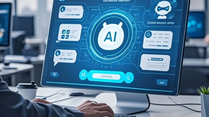 Pemilik UMKM memantau dashboard AI agent yang menangani chat pelanggan, membuat invoice, dan mengatur stok secara otomatis