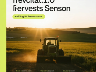 Ilustrasi ladang pertanian dengan sensor pintar dan dashboard data digital