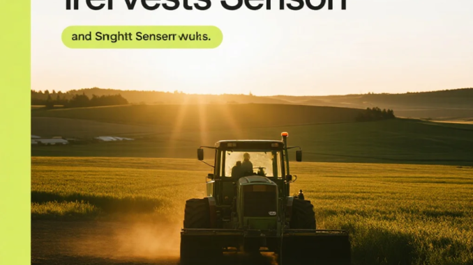 Ilustrasi ladang pertanian dengan sensor pintar dan dashboard data digital