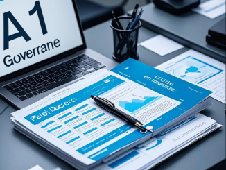 Tim bisnis meninjau dokumen kebijakan AI di laptop dengan checklist risiko dan flowchart SOP di papan