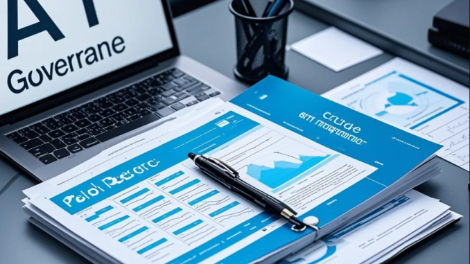 Tim bisnis meninjau dokumen kebijakan AI di laptop dengan checklist risiko dan flowchart SOP di papan