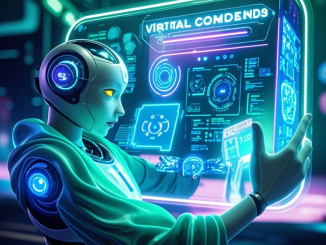 Ilustrasi avatar AI sosial menemani seseorang dengan tampilan chat yang hangat dan futuristik