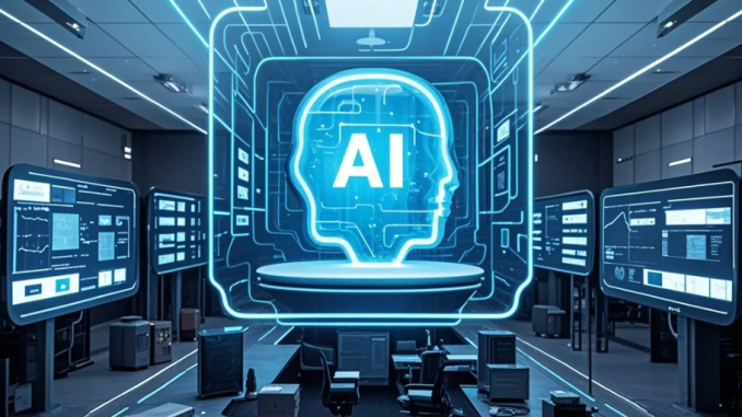 Ilustrasi layar chatbot AI dengan beberapa fakta ditandai merah ‘perlu verifikasi’, disertai checklist review dan ikon peringatan