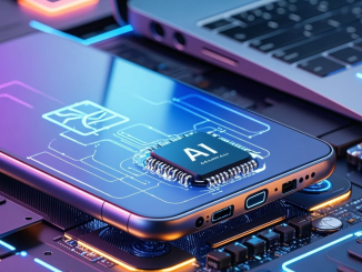 Ilustrasi smartphone dan laptop dengan chip AI dan ikon kecerdasan buatan yang memproses data secara lokal