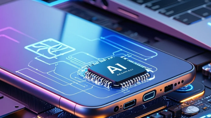 Ilustrasi smartphone dan laptop dengan chip AI dan ikon kecerdasan buatan yang memproses data secara lokal