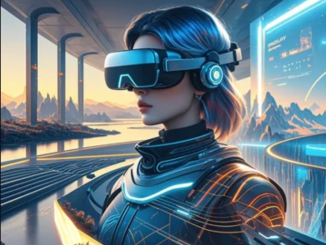 Seseorang memakai headset XR melihat objek hologram menyatu dengan ruang nyata