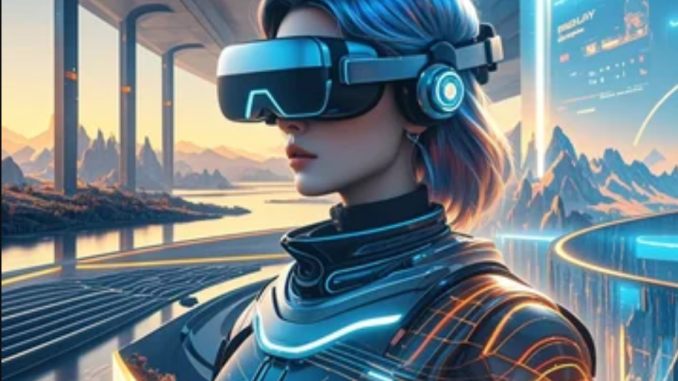 Seseorang memakai headset XR melihat objek hologram menyatu dengan ruang nyata