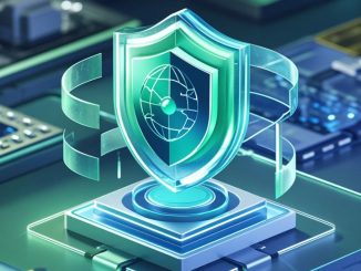 Ilustrasi pengguna memegang ponsel dengan ikon identitas digital, gembok, dan verifikasi biometrik