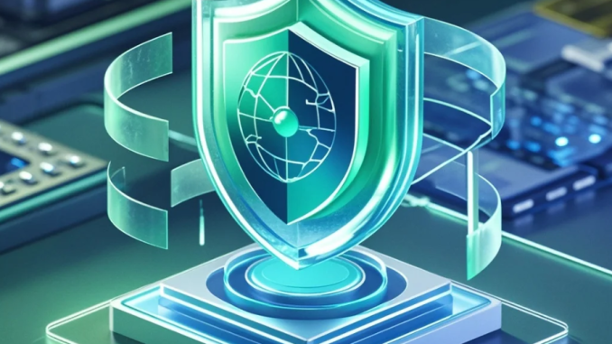 Ilustrasi pengguna memegang ponsel dengan ikon identitas digital, gembok, dan verifikasi biometrik