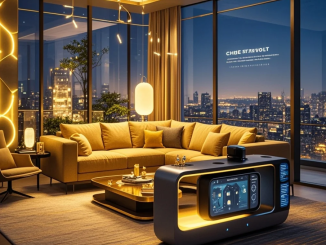 Ilustrasi rumah modern dengan sensor pintar dan asisten AI yang menyesuaikan lampu, suhu, dan keamanan berdasarkan kebiasaan penghuni.”